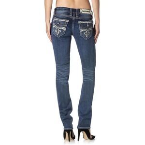 Rock Revival Women's Straight Leg Jeans in Dark Blue with Embroidered Pockets